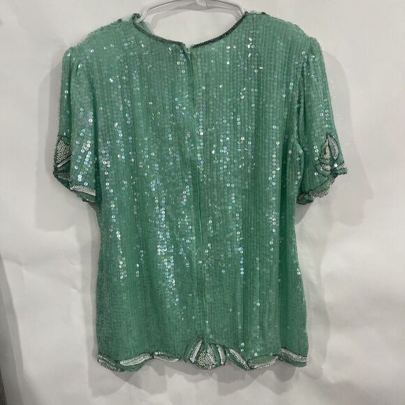 Vtg Royal Feelings Sz M Blouse Sequin Beaded Floral Top Sea Foam Green Cruise - Picture 5 of 13